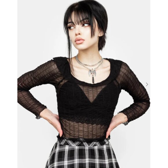 DISTURBIA Whisper gathered black mesh top - Picture 1 of 8